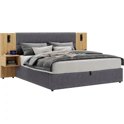 Okwish Lit coffre 180x200 cm double capitonné avec grandes oreilles, 2 tables de nuit, coffre de rangement, velours gris, sans matelas