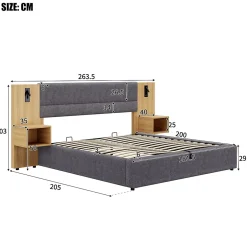 Okwish Lit coffre 180x200 cm double capitonné avec grandes oreilles, 2 tables de nuit, coffre de rangement, velours gris, sans matelas
