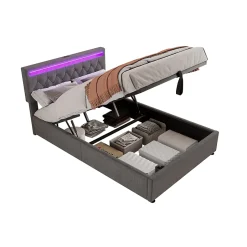 Okwish Lit coffre 140x200 cm double capitonné avec LED télécommande et ports USB-C, structure lin MDF gris, sans matelas Online