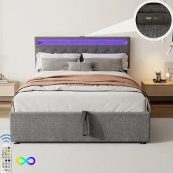 Okwish Lit coffre 140x200 cm double capitonné avec LED télécommande et ports USB-C, structure lin MDF gris, sans matelas Online