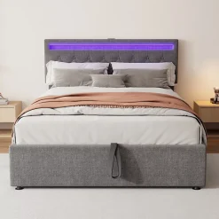Okwish Lit coffre 140x200 cm double capitonné avec LED télécommande et ports USB-C, structure lin MDF gris, sans matelas Online