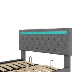 Okwish Lit coffre 140x200 cm double capitonné avec LED télécommande et ports USB-C, structure lin MDF gris, sans matelas Online