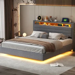 Okwish Lit Coffre 160x200 cm, Double Rembourré en Tissu Lin avec LED et Port USB, Coffre de Rangement Hydraulique - Gris - Sans Matelas
