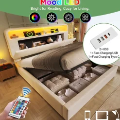Okwish Lit coffre 140x190 cm double rembourré avec tête de lit réglable, LED intégrée, charge USB/Type-C, velours beige - Sans matelas New