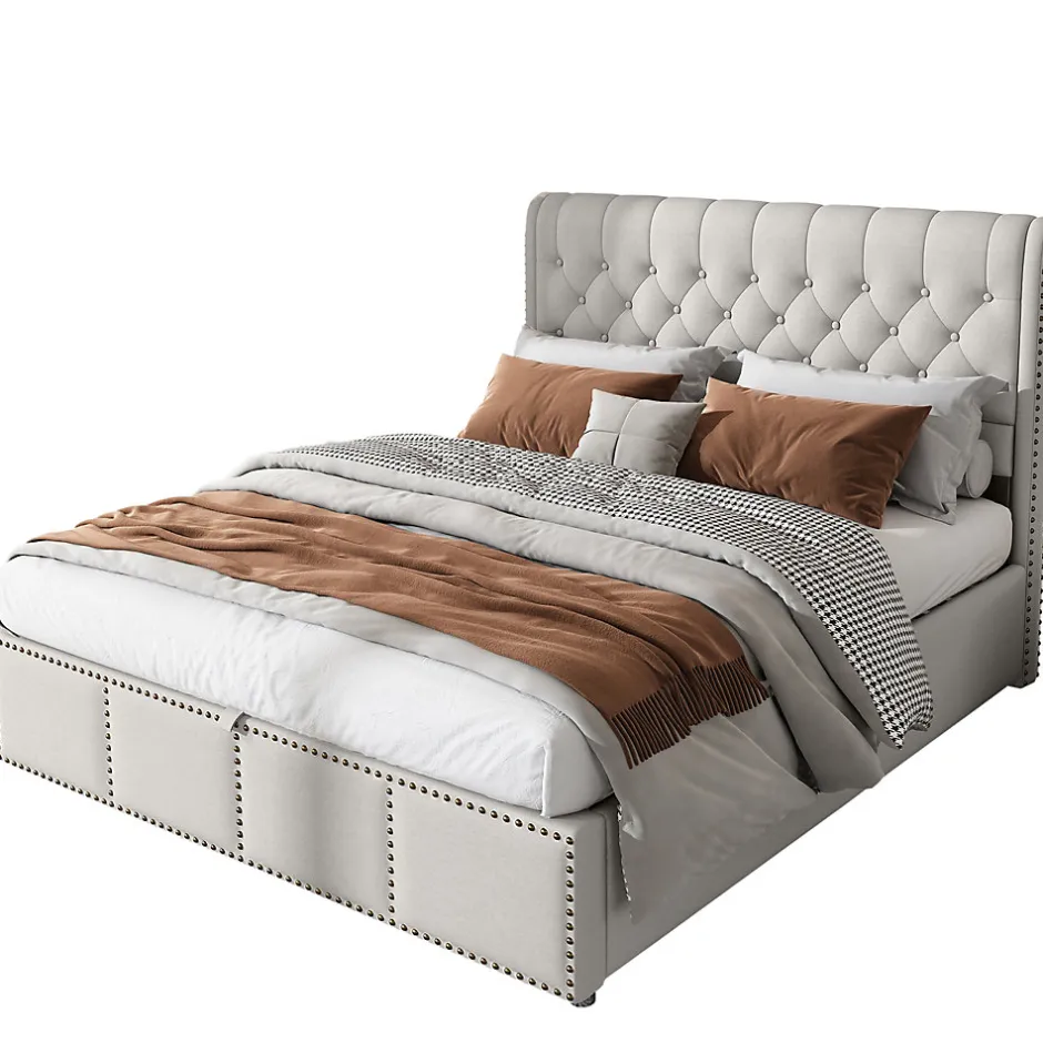 Redom Lit coffre 160x200 cm en lin-coton, tête 102,5 cm, clous décoratifs, rangement intégré, sans matelas, gris Online
