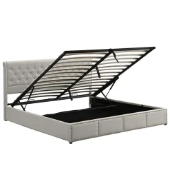 Redom Lit coffre 160x200 cm en lin-coton, tête 102,5 cm, clous décoratifs, rangement intégré, sans matelas, gris Online
