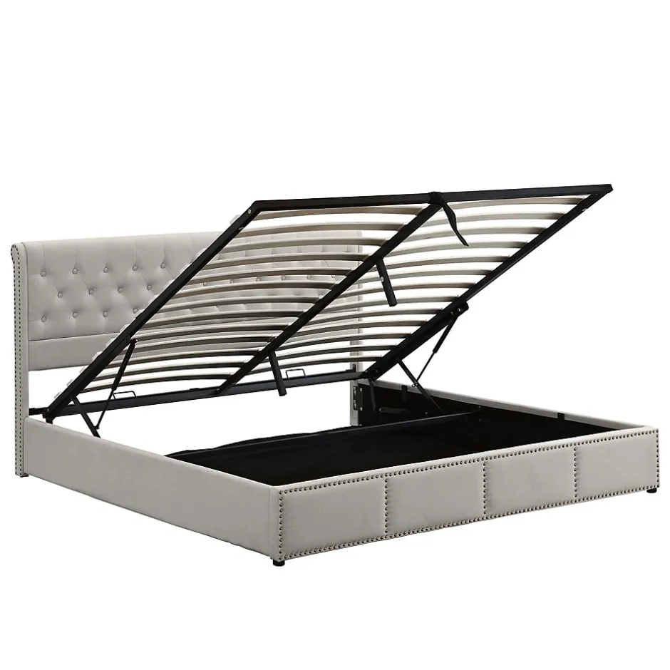 Redom Lit coffre 160x200 cm en lin-coton, tête 102,5 cm, clous décoratifs, rangement intégré, sans matelas, gris Online