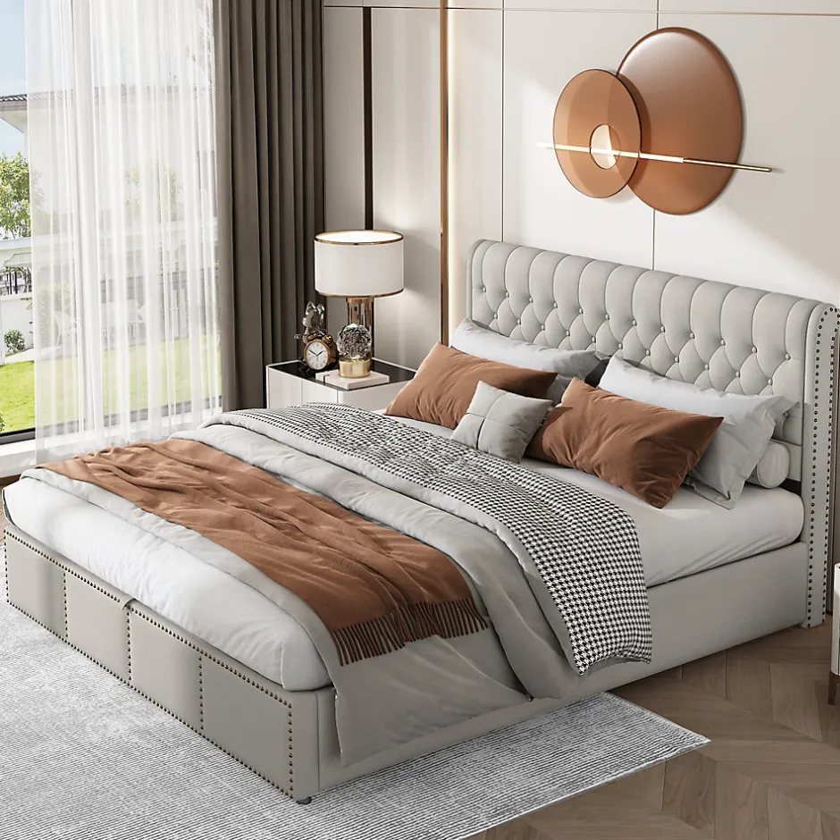 Redom Lit coffre 160x200 cm en lin-coton, tête 102,5 cm, clous décoratifs, rangement intégré, sans matelas, gris Online