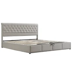 Redom Lit coffre 160x200 cm en lin-coton, tête 102,5 cm, clous décoratifs, rangement intégré, sans matelas, gris Online