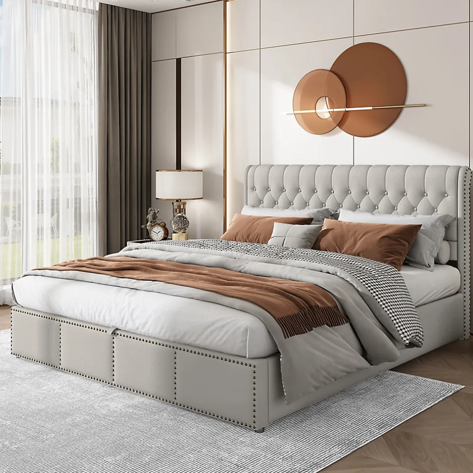 Redom Lit coffre 160x200 cm en lin-coton, tête 102,5 cm, clous décoratifs, rangement intégré, sans matelas, gris Online