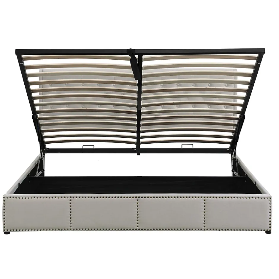 Redom Lit coffre 160x200 cm en lin-coton, tête 102,5 cm, clous décoratifs, rangement intégré, sans matelas, gris Online