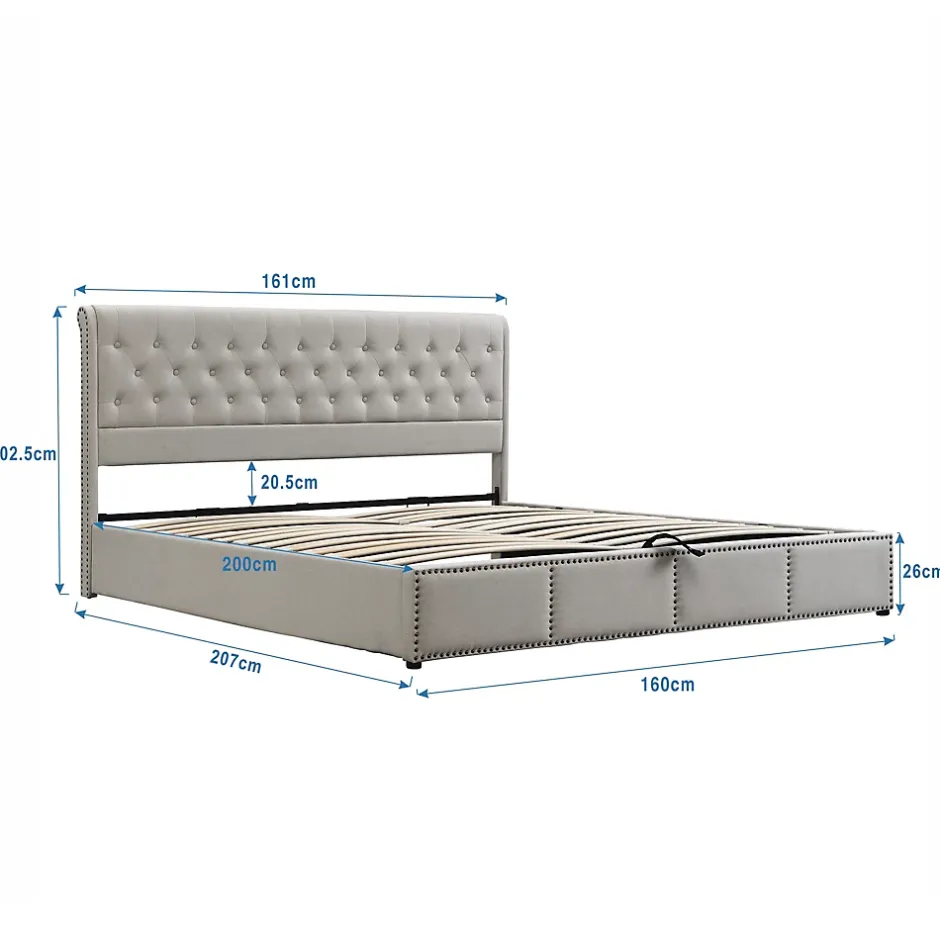 Redom Lit coffre 160x200 cm en lin-coton, tête 102,5 cm, clous décoratifs, rangement intégré, sans matelas, gris Online