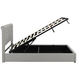 Redom Lit coffre 160x200 cm en lin-coton, tête 102,5 cm, clous décoratifs, rangement intégré, sans matelas, gris Online