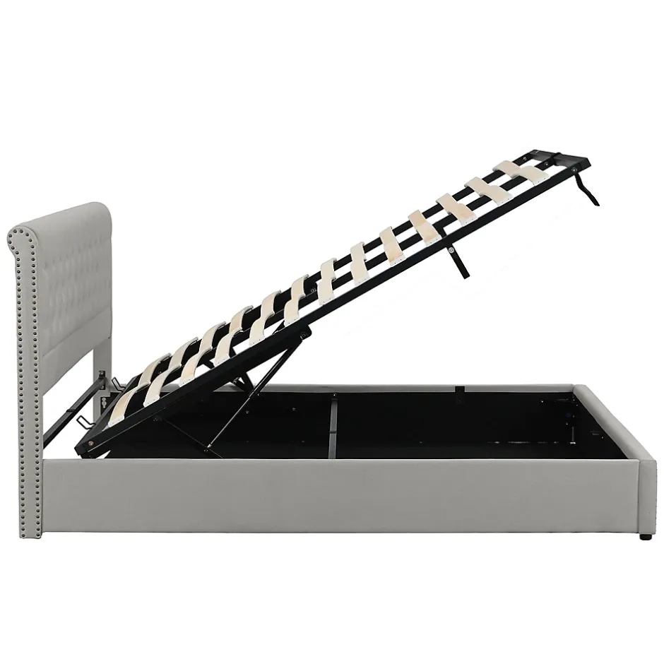 Redom Lit coffre 160x200 cm en lin-coton, tête 102,5 cm, clous décoratifs, rangement intégré, sans matelas, gris Online