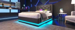 Redom Lit coffre 90x200 cm en PU noir tête capitonnée, rangement hydraulique, LED 3 côtés et port USB-C Clearance