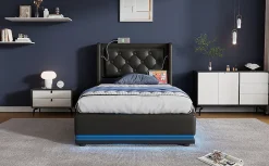 Redom Lit coffre 90x200 cm en PU noir tête capitonnée, rangement hydraulique, LED 3 côtés et port USB-C Clearance