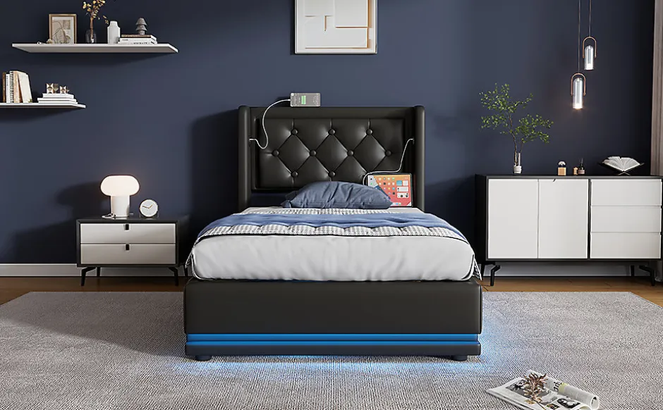 Redom Lit coffre 90x200 cm en PU noir tête capitonnée, rangement hydraulique, LED 3 côtés et port USB-C Clearance
