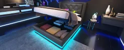 Redom Lit coffre 90x200 cm en PU noir tête capitonnée, rangement hydraulique, LED 3 côtés et port USB-C Clearance