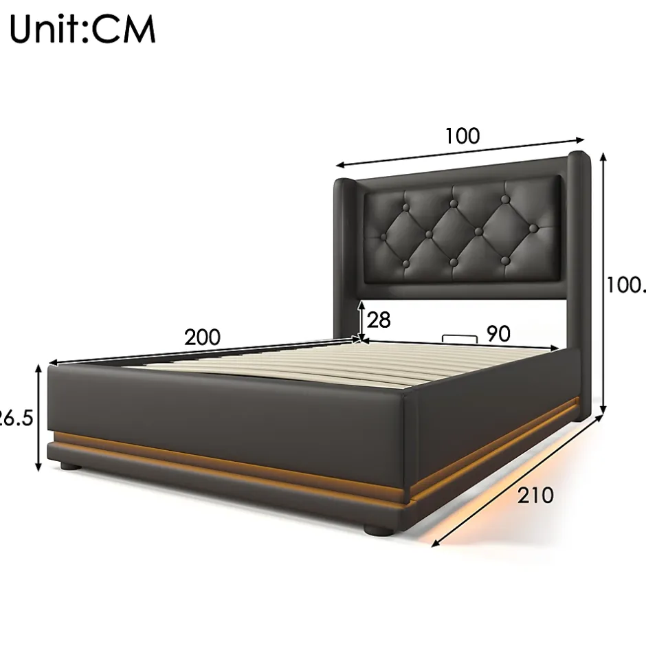 Redom Lit coffre 90x200 cm en PU noir tête capitonnée, rangement hydraulique, LED 3 côtés et port USB-C Clearance