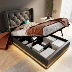 Redom Lit coffre 90x200 cm en PU noir tête capitonnée, rangement hydraulique, LED 3 côtés et port USB-C Clearance