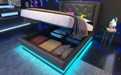 Redom Lit coffre 90x200 cm en PU noir tête capitonnée, rangement hydraulique, LED 3 côtés et port USB-C Clearance