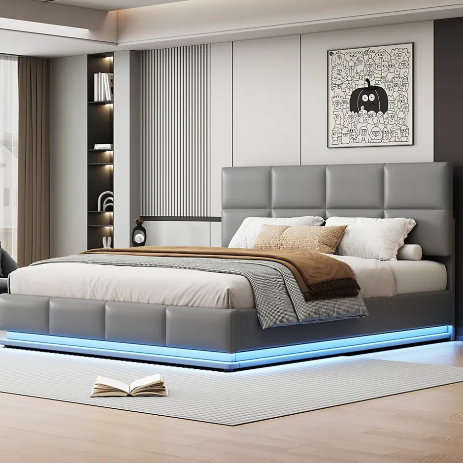 ProximaX Lit coffre 180x200 cm en simili cuir PU gris clair, LED, capitonné, relevable hydraulique avec sommier à lattes et tête de lit Hot
