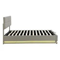 ProximaX Lit coffre 180x200 cm en simili cuir PU gris clair, LED, capitonné, relevable hydraulique avec sommier à lattes et tête de lit Hot