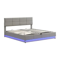ProximaX Lit coffre 180x200 cm en simili cuir PU gris clair, LED, capitonné, relevable hydraulique avec sommier à lattes et tête de lit Hot