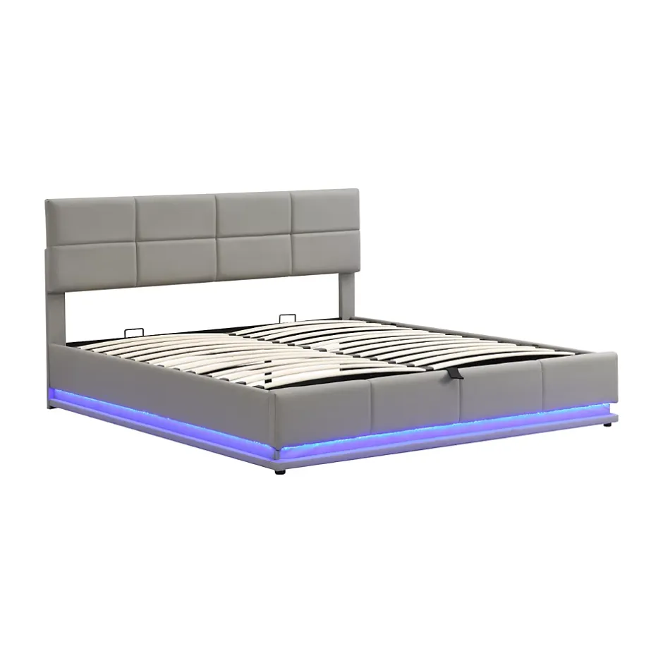 ProximaX Lit coffre 180x200 cm en simili cuir PU gris clair, LED, capitonné, relevable hydraulique avec sommier à lattes et tête de lit Hot