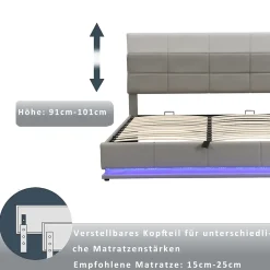 ProximaX Lit coffre 180x200 cm en simili cuir PU gris clair, LED, capitonné, relevable hydraulique avec sommier à lattes et tête de lit Hot