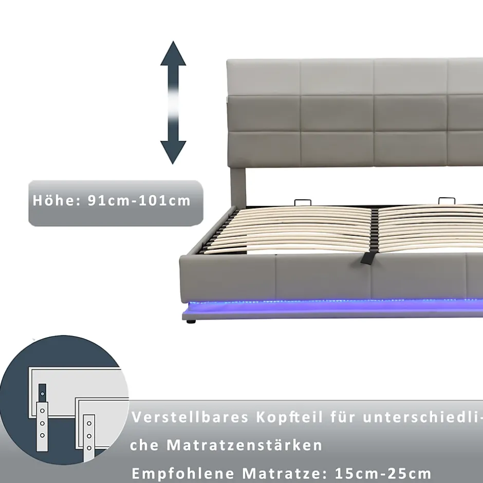 ProximaX Lit coffre 180x200 cm en simili cuir PU gris clair, LED, capitonné, relevable hydraulique avec sommier à lattes et tête de lit Hot