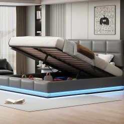 ProximaX Lit coffre 180x200 cm en simili cuir PU gris clair, LED, capitonné, relevable hydraulique avec sommier à lattes et tête de lit Hot