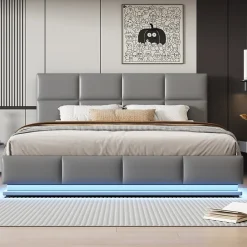 ProximaX Lit coffre 180x200 cm en simili cuir PU gris clair, LED, capitonné, relevable hydraulique avec sommier à lattes et tête de lit Hot