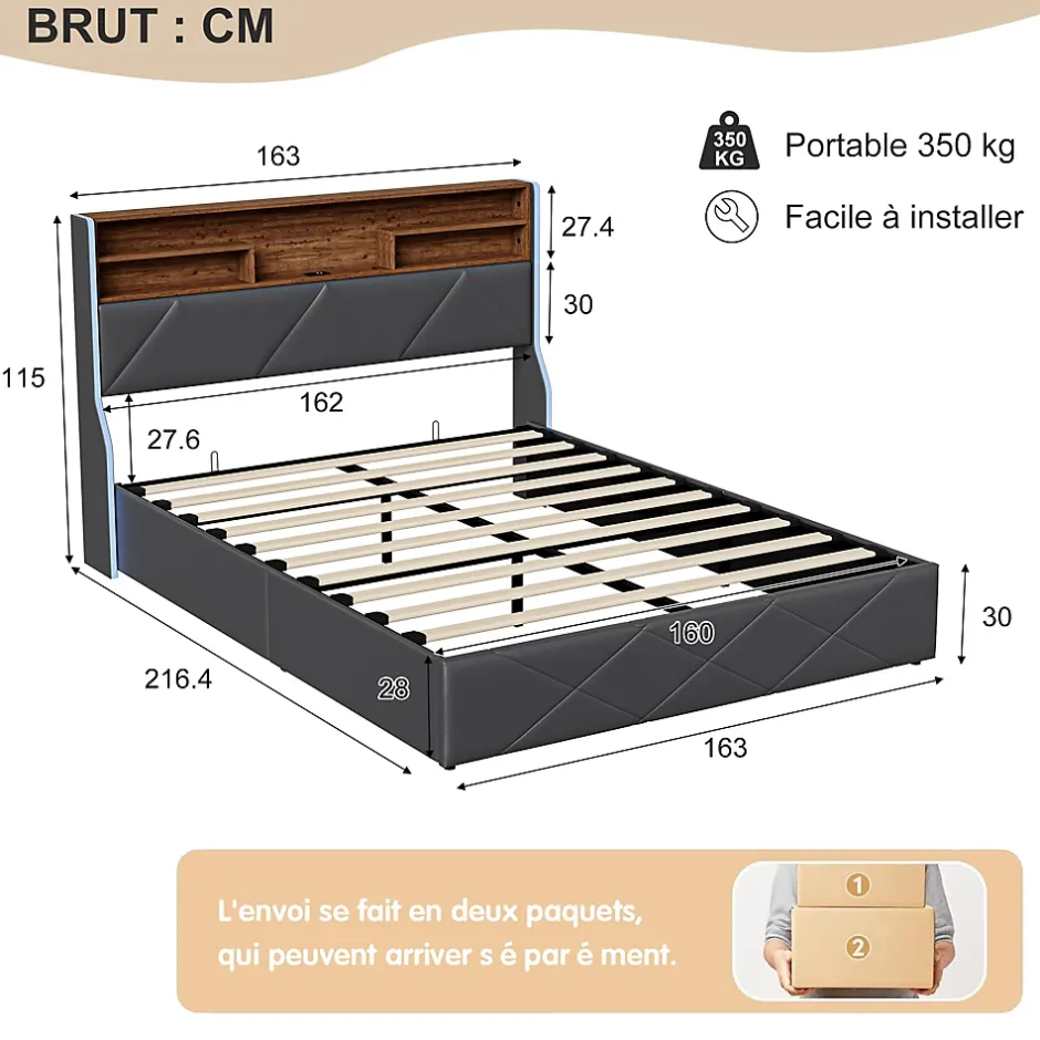 ProximaX Lit coffre 160x200 cm en simili cuir noir et chêne clair, tête de lit avec rangements, prises USB et bandes LED Hot