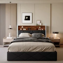 ProximaX Lit coffre 160x200 cm en simili cuir noir et chêne clair, tête de lit avec rangements, prises USB et bandes LED Hot