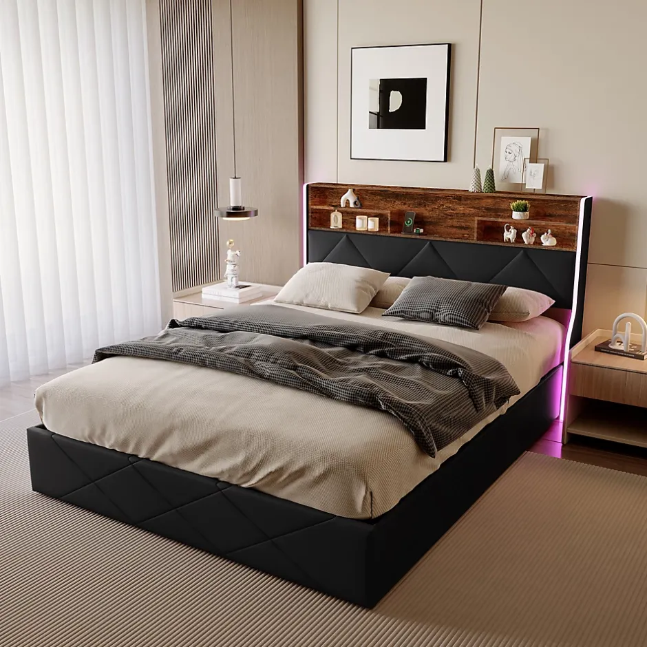 ProximaX Lit coffre 160x200 cm en simili cuir noir et chêne clair, tête de lit avec rangements, prises USB et bandes LED Hot
