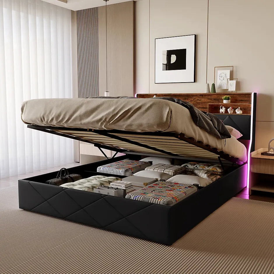 ProximaX Lit coffre 160x200 cm en simili cuir noir et chêne clair, tête de lit avec rangements, prises USB et bandes LED Hot