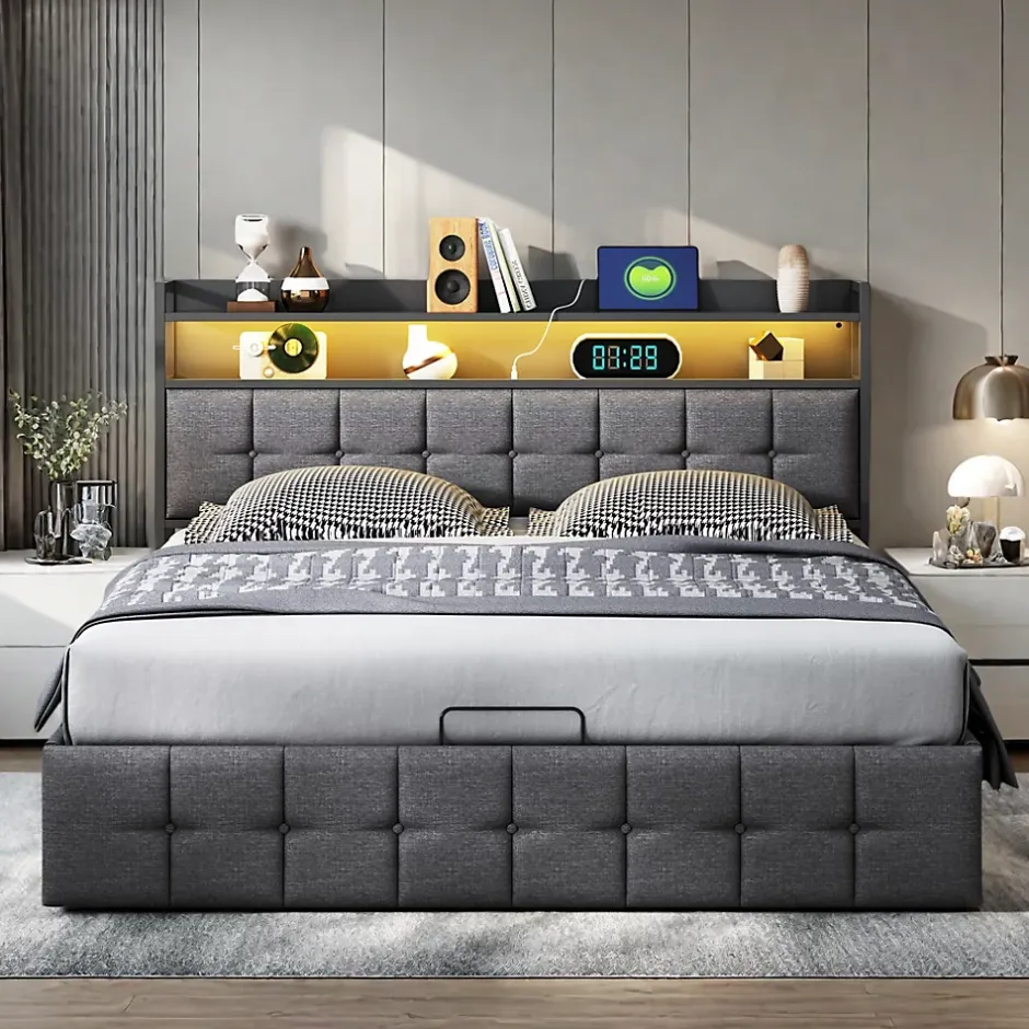 ProximaX Lit coffre 140x190 cm en similicuir avec LED RGB, tête de lit avec prises USB/Type-C et rangements intégrés, Gris Discount