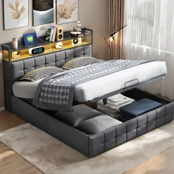 ProximaX Lit coffre 140x190 cm en similicuir avec LED RGB, tête de lit avec prises USB/Type-C et rangements intégrés, Gris Discount