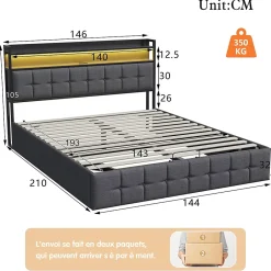 ProximaX Lit coffre 140x190 cm en similicuir avec LED RGB, tête de lit avec prises USB/Type-C et rangements intégrés, Gris Discount