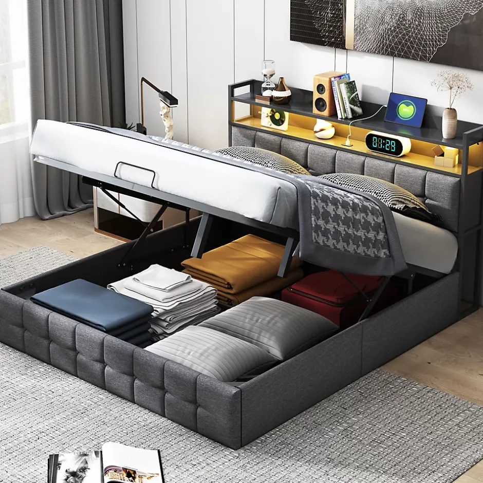 ProximaX Lit coffre 140x190 cm en similicuir avec LED RGB, tête de lit avec prises USB/Type-C et rangements intégrés, Gris Discount