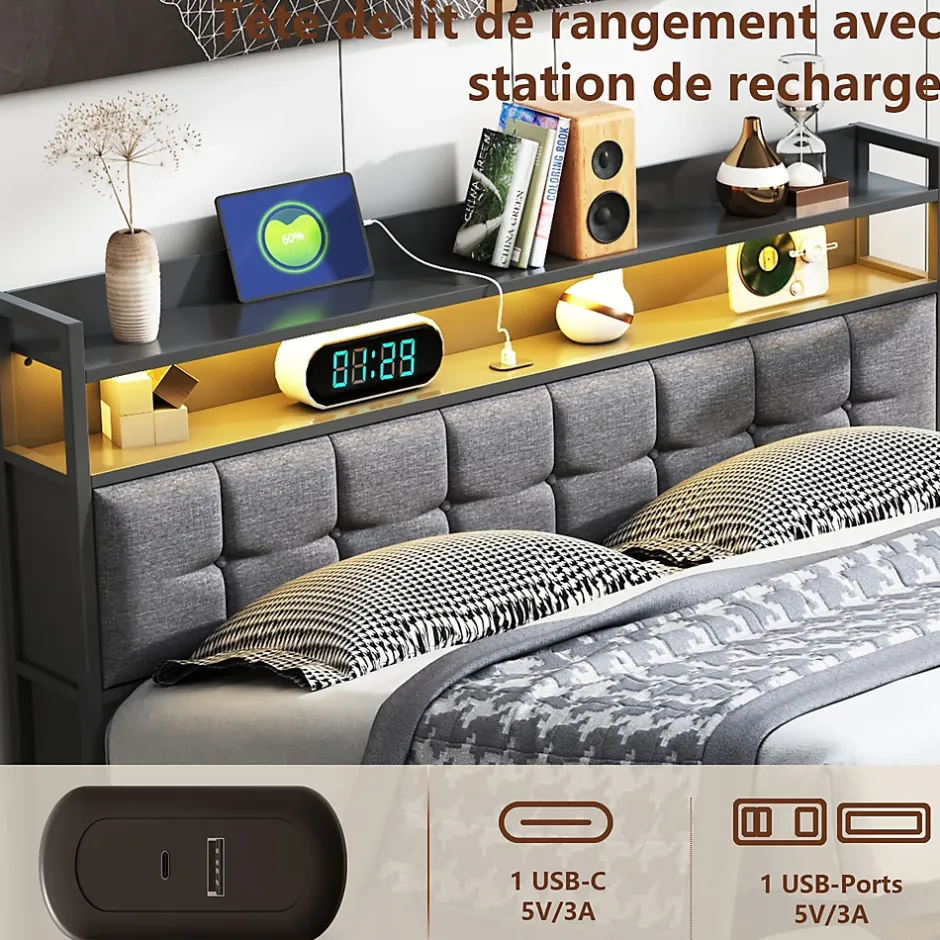ProximaX Lit coffre 140x190 cm en similicuir avec LED RGB, tête de lit avec prises USB/Type-C et rangements intégrés, Gris Discount