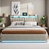ProximaX Lit coffre 140x200 cm en tissu velours gris avec tête de lit rembourrée, LED intégrées, rangement pratique, prise USB