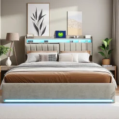 ProximaX Lit coffre 140x200 cm en tissu velours gris avec tête de lit rembourrée, LED intégrées, rangement pratique, prise USB
