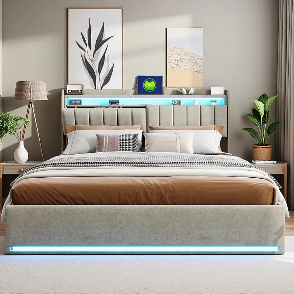 ProximaX Lit coffre 140x200 cm en tissu velours gris avec tête de lit rembourrée, LED intégrées, rangement pratique, prise USB