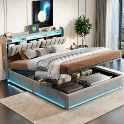 ProximaX Lit coffre 140x200 cm en tissu velours gris avec tête de lit rembourrée, LED intégrées, rangement pratique, prise USB