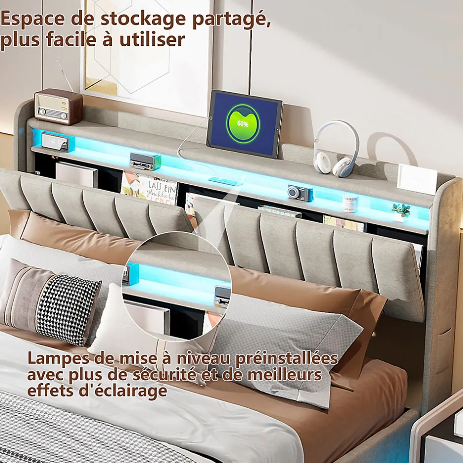 ProximaX Lit coffre 140x200 cm en tissu velours gris avec tête de lit rembourrée, LED intégrées, rangement pratique, prise USB