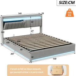 ProximaX Lit coffre 140x200 cm en tissu velours gris avec tête de lit rembourrée, LED intégrées, rangement pratique, prise USB