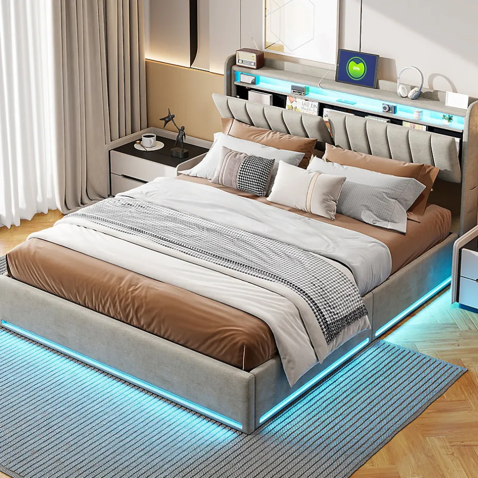 ProximaX Lit coffre 140x200 cm en tissu velours gris avec tête de lit rembourrée, LED intégrées, rangement pratique, prise USB