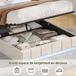 ProximaX Lit Coffre 160x200 cm en Tissu avec Rangement, Tête de Lit avec LED, USB et Type-C, Sommier Relevable à Vérins, Beige Clearance
